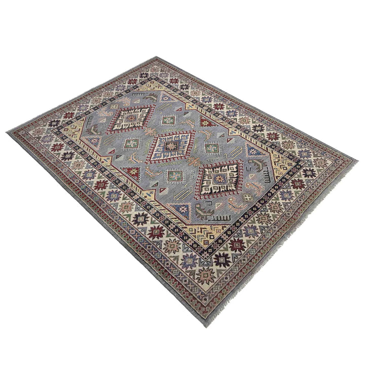 Gray Afghan Kazak Rug 4' 11" x 6' 11" Hand-Knotted | No. AL58979