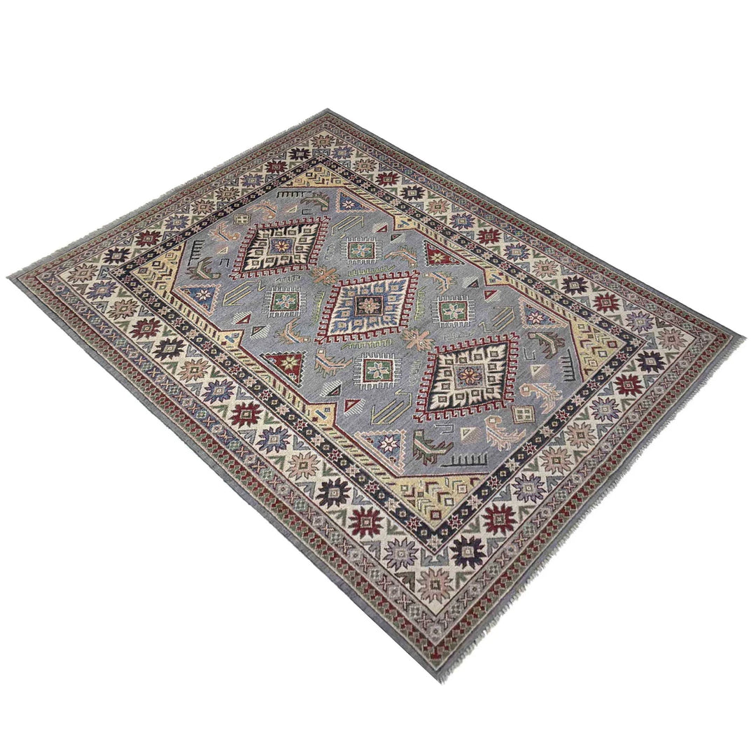 Gray Afghan Kazak Rug 4' 11" x 6' 11" Hand-Knotted | No. AL58979