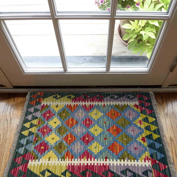 Multicolor Afghan Vegetable Kilim Rug 2' 0" x 2' 7" Flat-Weave | No. AL59234
