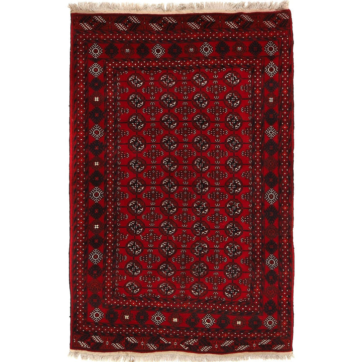 Red Afghan Bokhara Rug 4' 0" x 6' 4" Hand-Knotted | No. AL59241