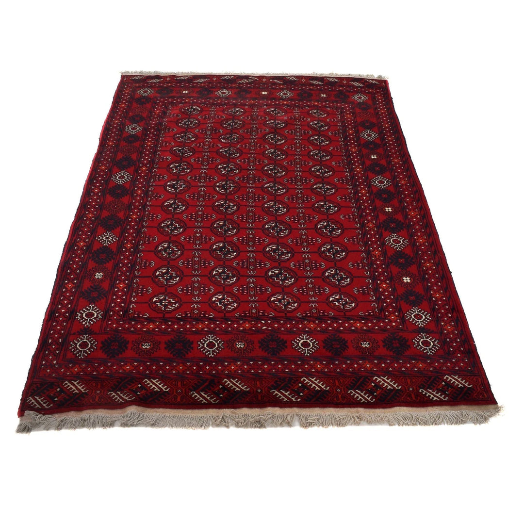 Red Afghan Bokhara Rug 4' 0" x 6' 4" Hand-Knotted | No. AL59241