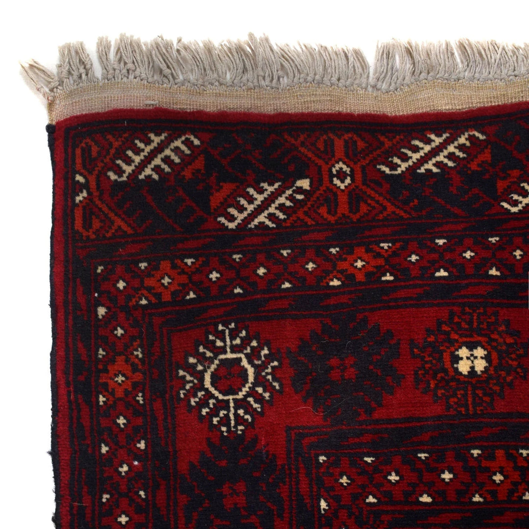 Red Afghan Bokhara Rug 4' 0" x 6' 4" Hand-Knotted | No. AL59241