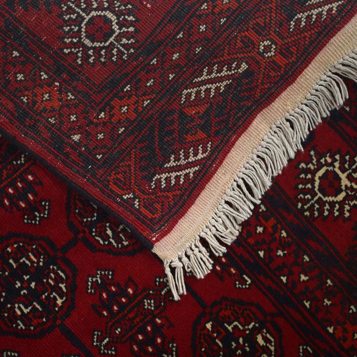 Red Afghan Bokhara Rug 4' 0" x 6' 4" Hand-Knotted | No. AL59241
