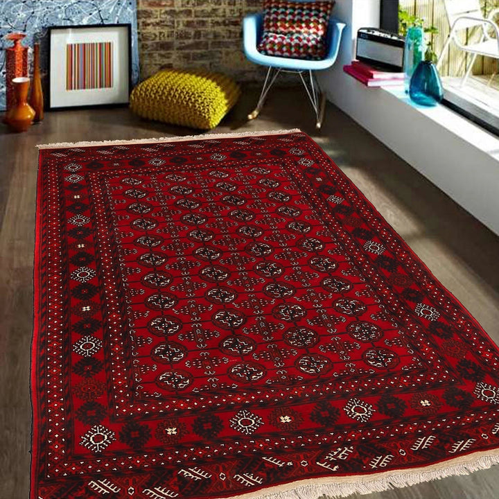 Red Afghan Bokhara Rug 4' 0" x 6' 4" Hand-Knotted | No. AL59241