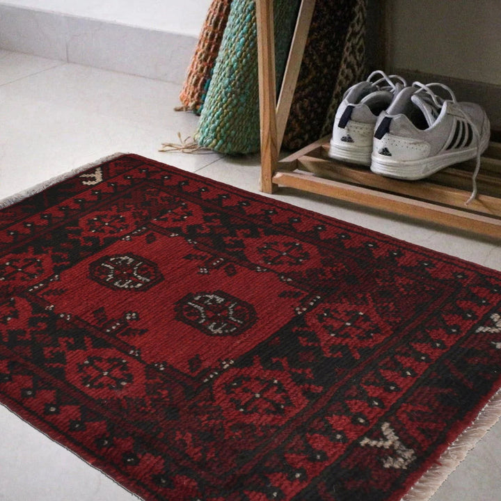 Red Afghan Oriental Rug 1' 7" x 2' 1" Hand-Knotted | No. AL59377
