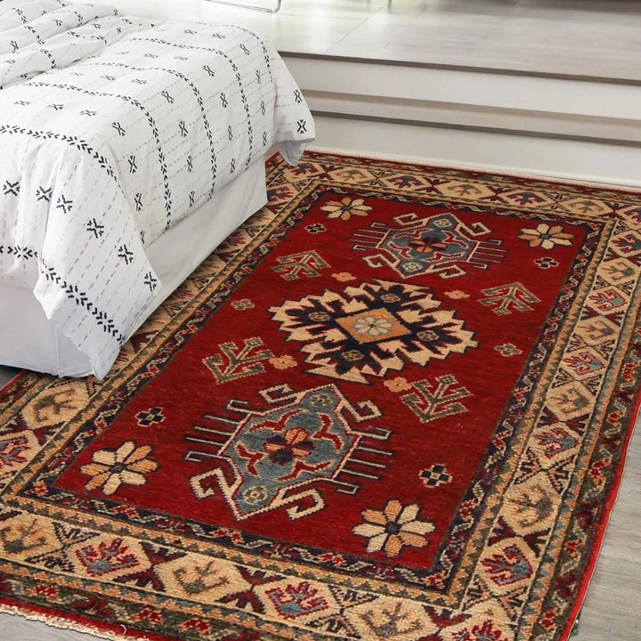 Red Afghan Kazak Rug 2' 9" x 4' 4" Hand-Knotted | No. AL59422