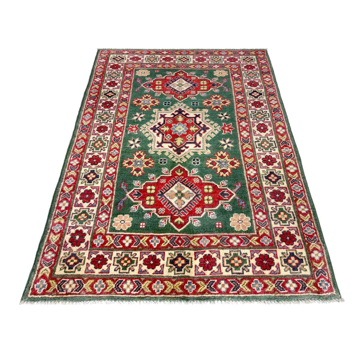 Green Afghan Kazak Rug 3' 2" x 5' 1" Hand-Knotted | No. AL59601