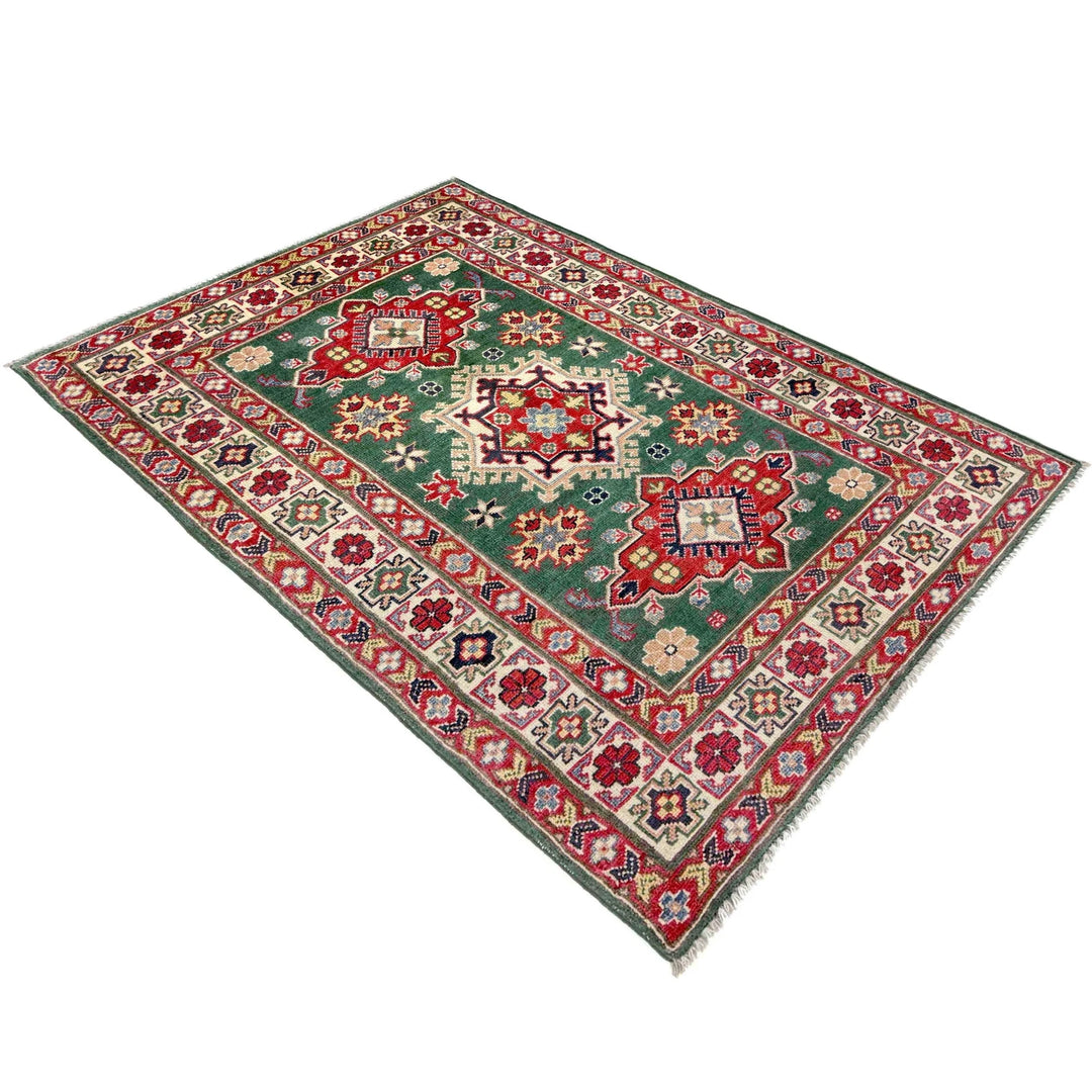 Green Afghan Kazak Rug 3' 2" x 5' 1" Hand-Knotted | No. AL59601