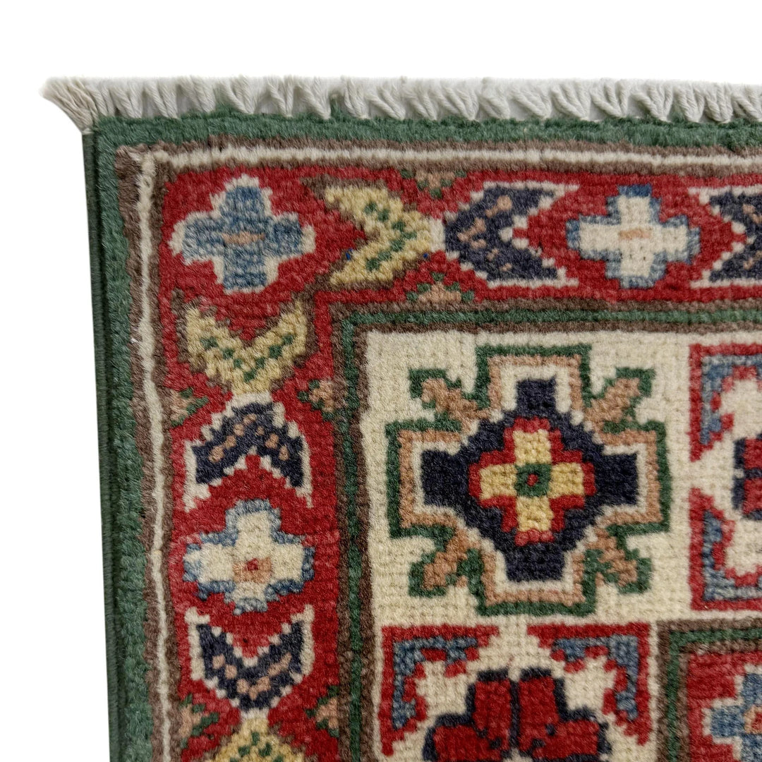 Green Afghan Kazak Rug 3' 2" x 5' 1" Hand-Knotted | No. AL59601