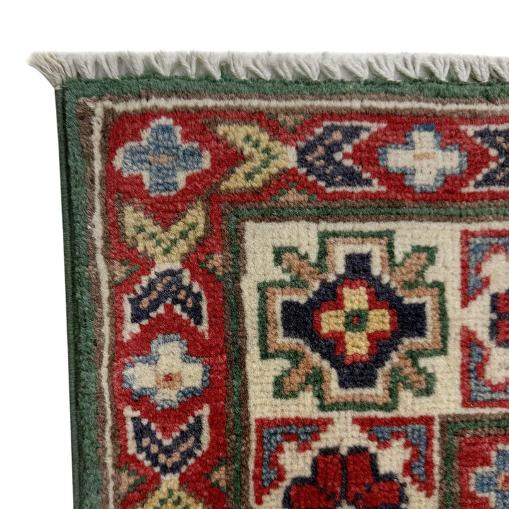 Green Afghan Kazak Rug 3' 2" x 5' 1" Hand-Knotted | No. AL59601