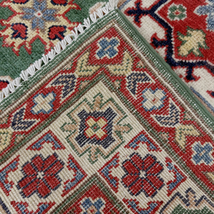 Green Afghan Kazak Rug 3' 2" x 5' 1" Hand-Knotted | No. AL59601