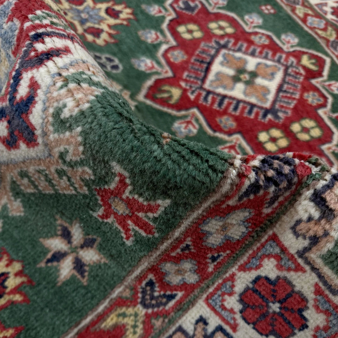 Green Afghan Kazak Rug 3' 2" x 5' 1" Hand-Knotted | No. AL59601