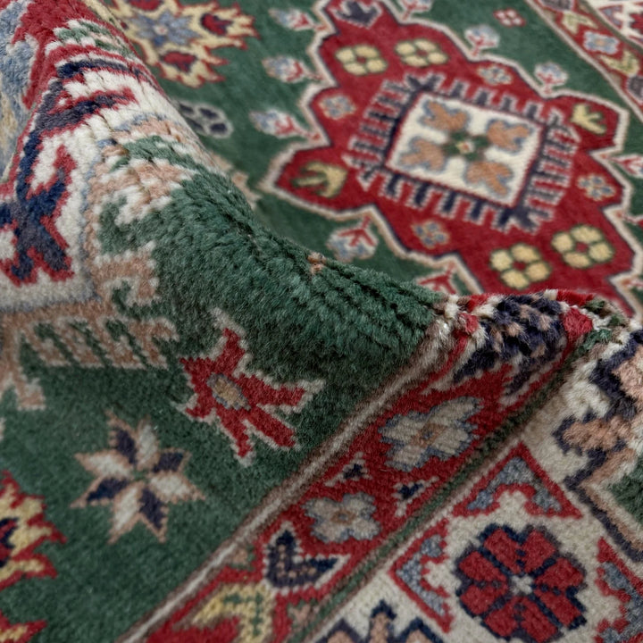 Green Afghan Kazak Rug 3' 2" x 5' 1" Hand-Knotted | No. AL59601