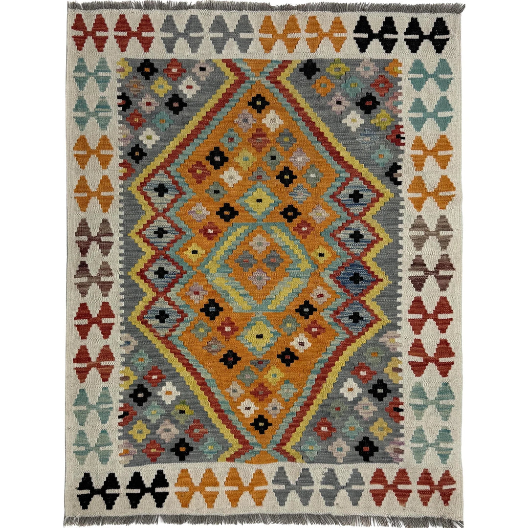 Multicolor Afghan Vegetable Kilim Rug 3' 7" x 4' 9" Flat-Weave | No. AL59734