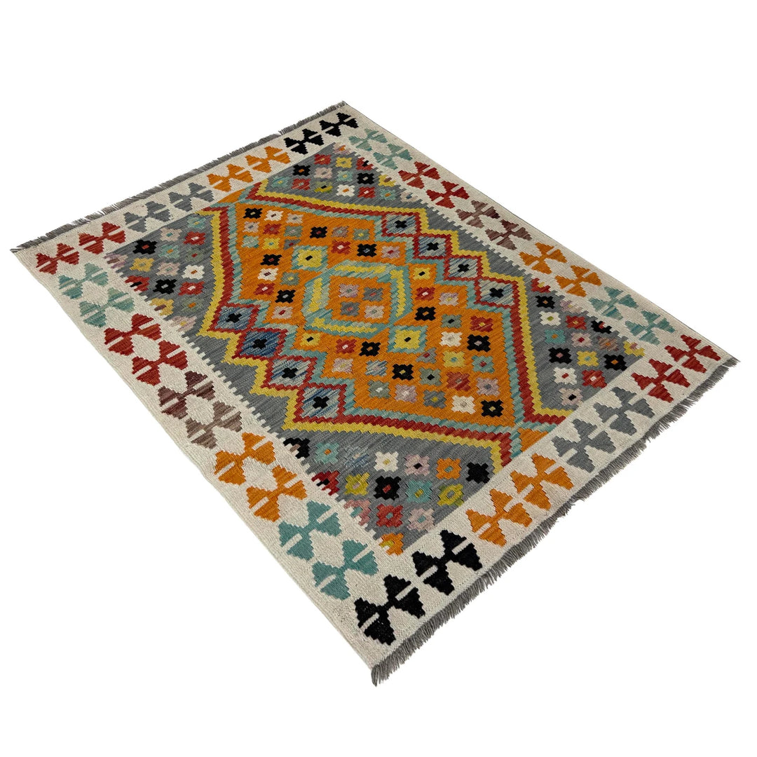 Multicolor Afghan Vegetable Kilim Rug 3' 7" x 4' 9" Flat-Weave | No. AL59734