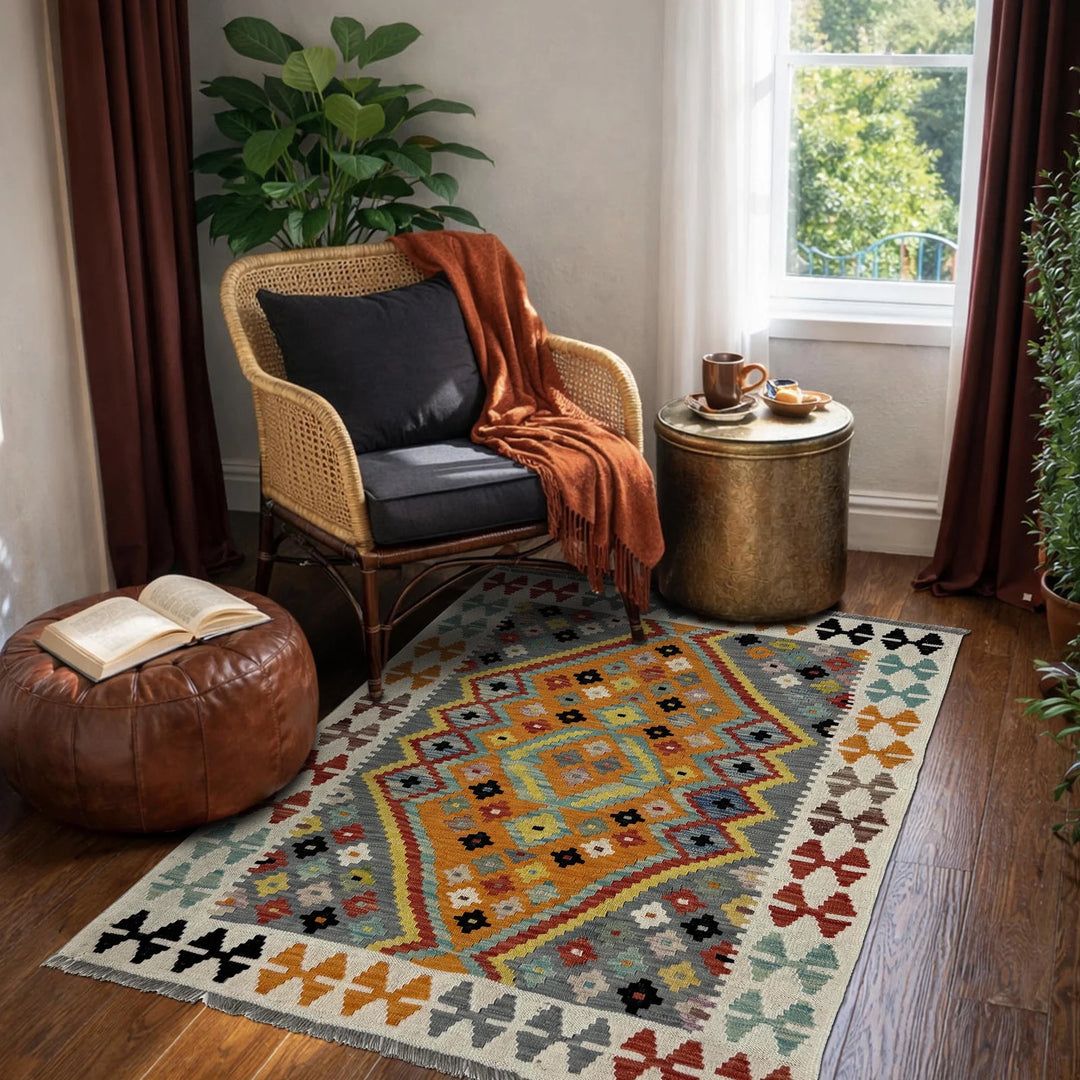 Multicolor Afghan Vegetable Kilim Rug 3' 7" x 4' 9" Flat-Weave | No. AL59734