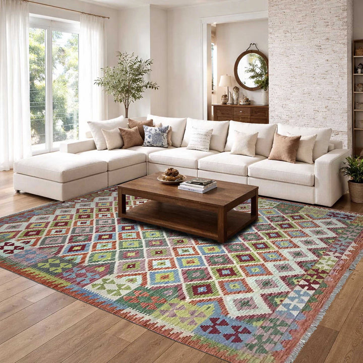 Afghan Vegetable Kilim Rug 6' 8" x 9' 7" Flat-Weave | No. AL59918