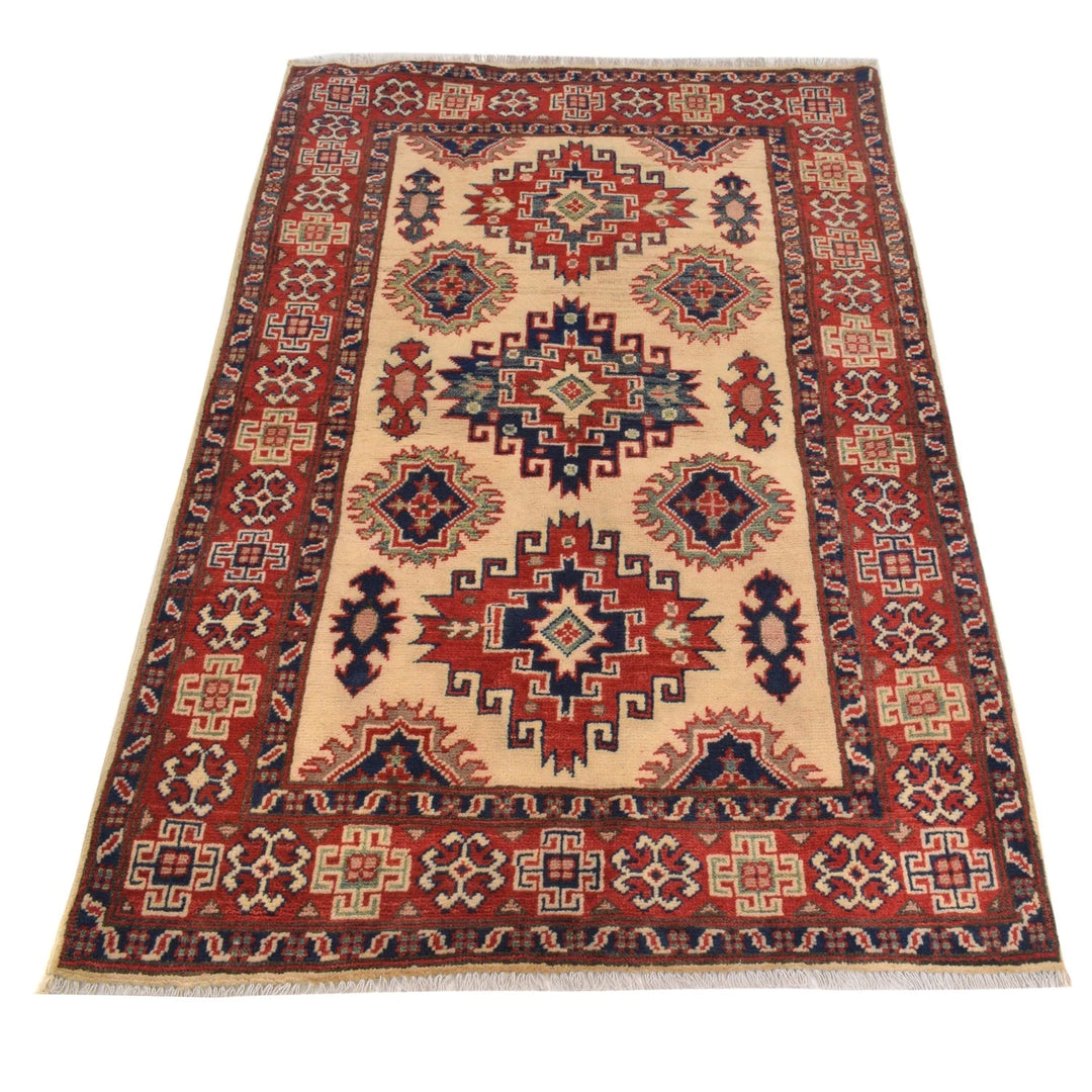 Ivory Afghan Kazak Rug 3'3" x 4'11" Hand-Knotted | No. AL60087