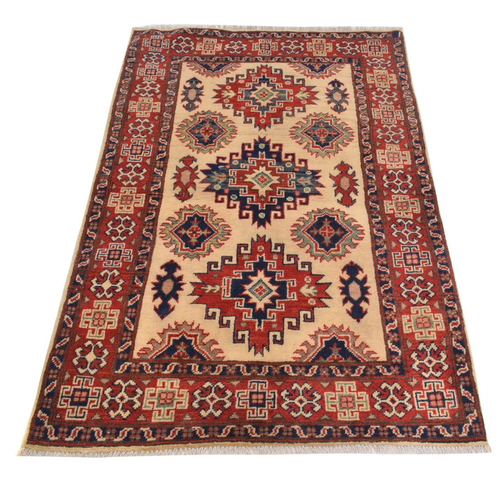 Ivory Afghan Kazak Rug 3'3" x 4'11" Hand-Knotted | No. AL60087