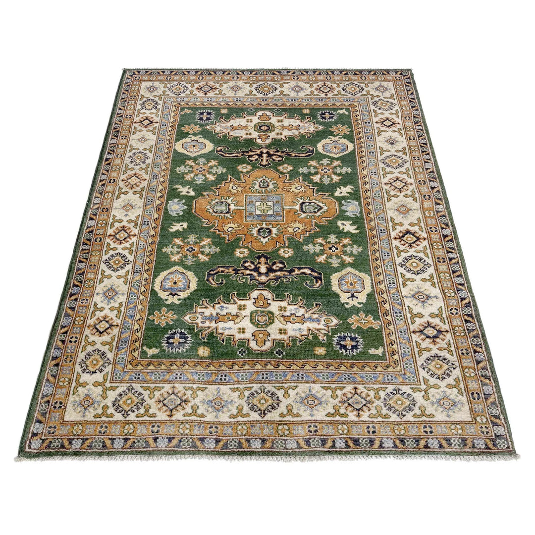 Green Afghan Kazak Rug 4' 0" x 5' 6" Hand-Knotted | No. AL60131