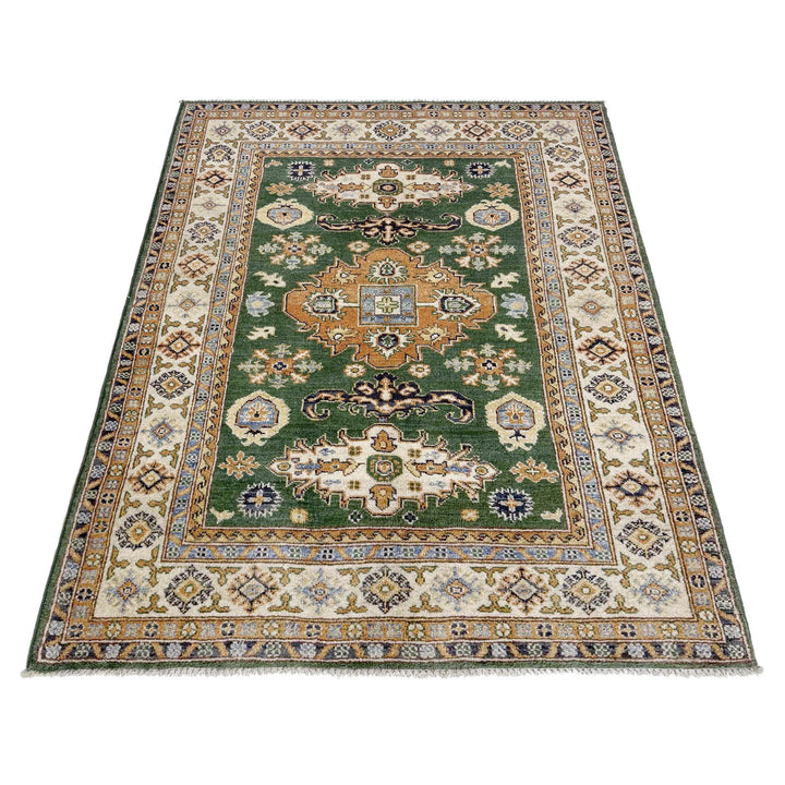 Green Afghan Kazak Rug 4' 0" x 5' 6" Hand-Knotted | No. AL60131