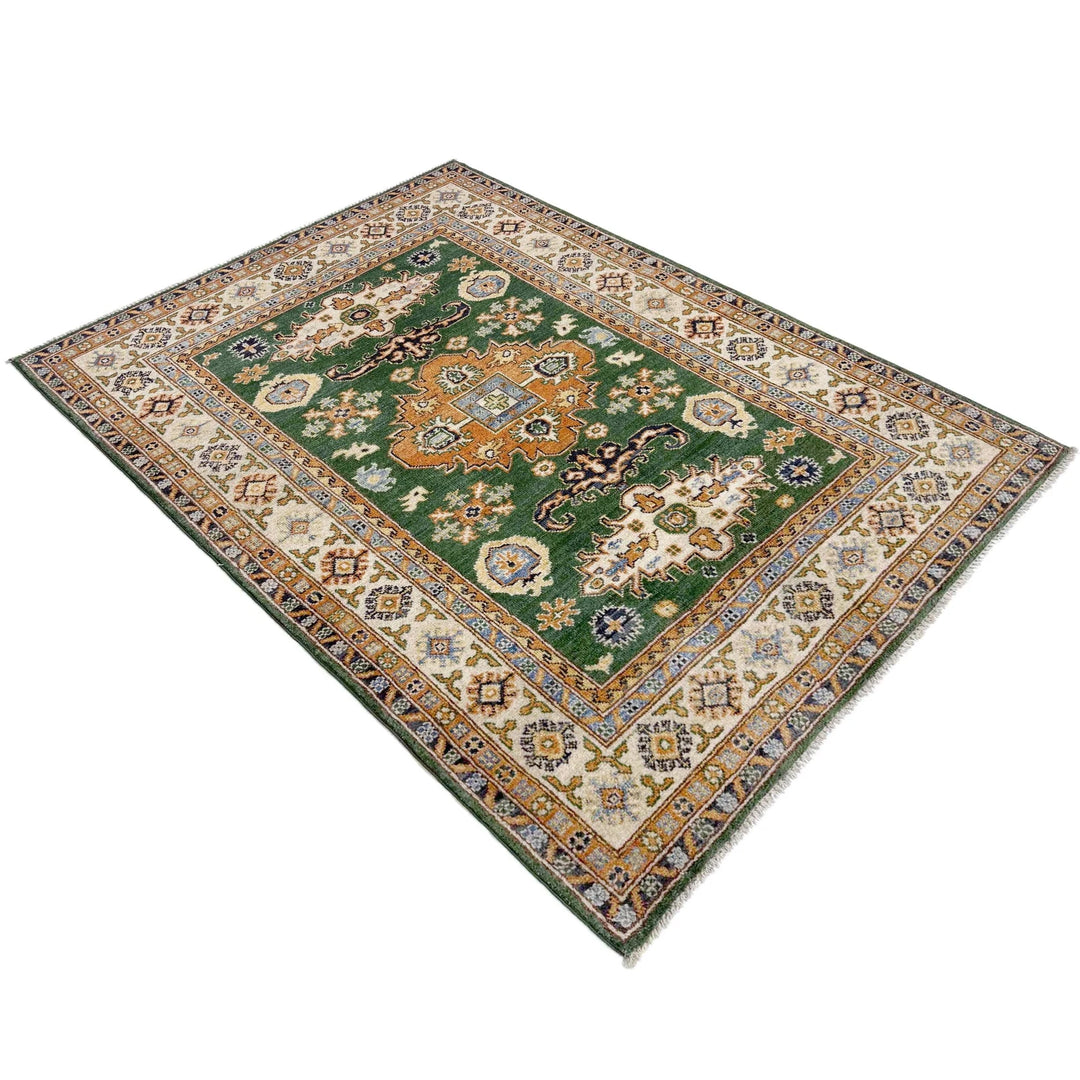 Green Afghan Kazak Rug 4' 0" x 5' 6" Hand-Knotted | No. AL60131