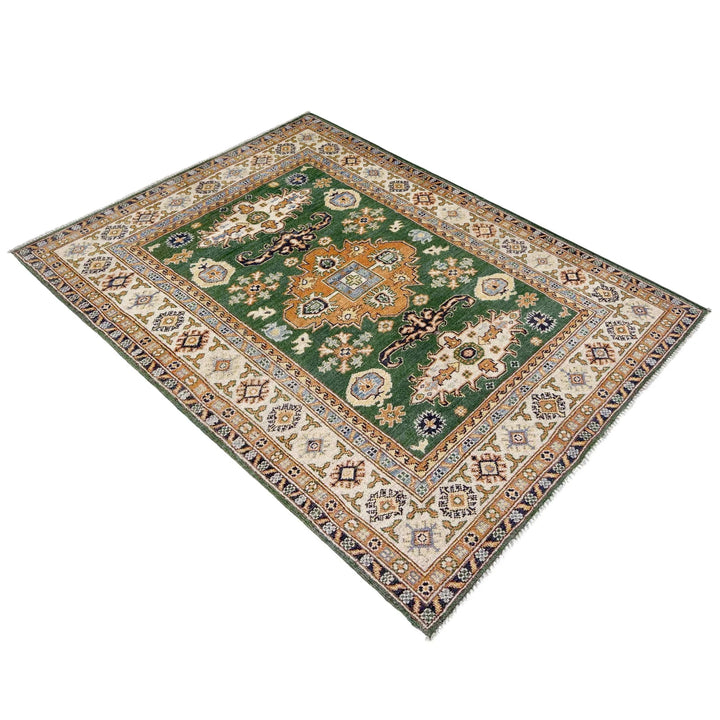 Green Afghan Kazak Rug 4' 0" x 5' 6" Hand-Knotted | No. AL60131