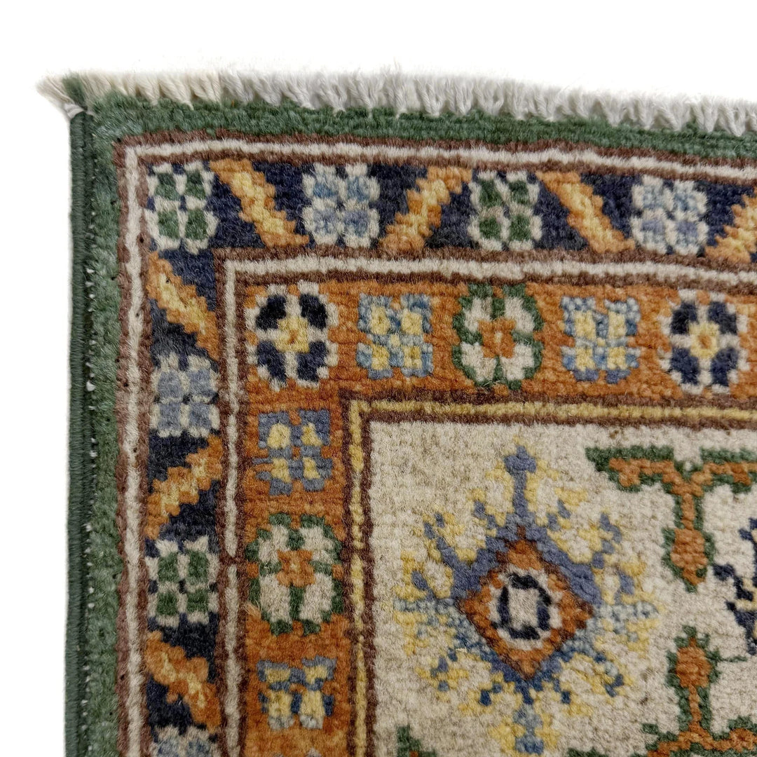 Green Afghan Kazak Rug 4' 0" x 5' 6" Hand-Knotted | No. AL60131