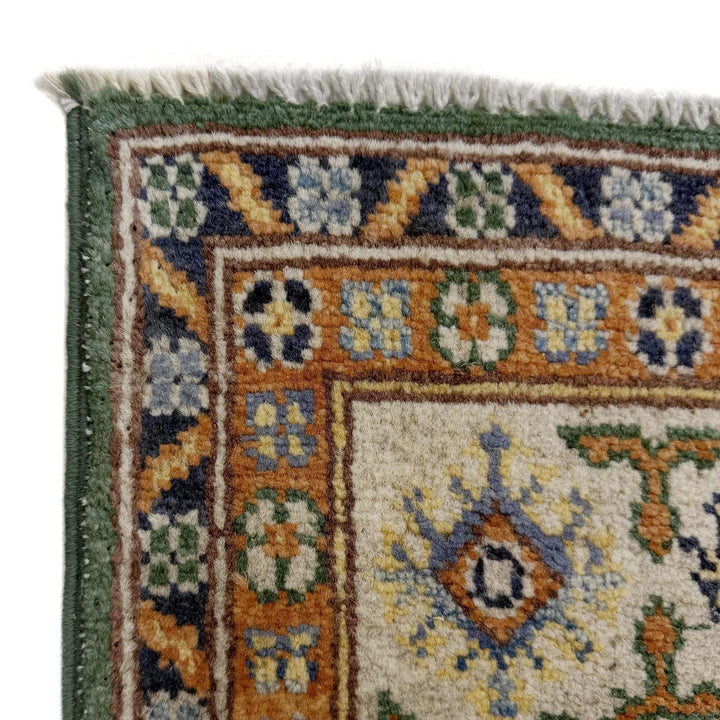 Green Afghan Kazak Rug 4' 0" x 5' 6" Hand-Knotted | No. AL60131