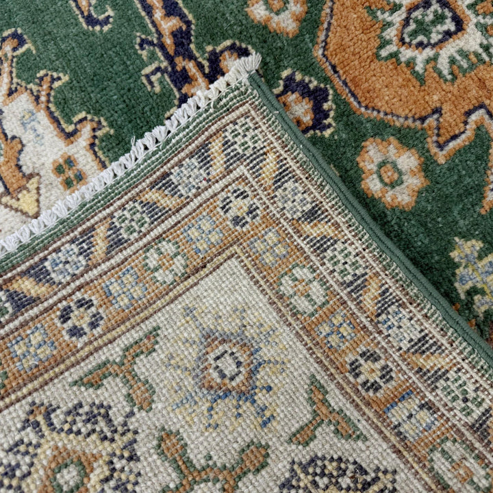 Green Afghan Kazak Rug 4' 0" x 5' 6" Hand-Knotted | No. AL60131