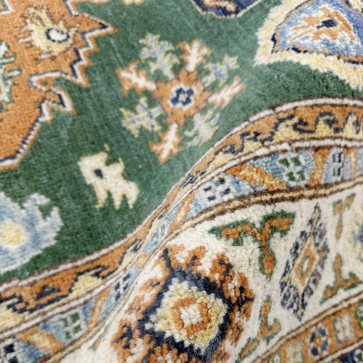 Green Afghan Kazak Rug 4' 0" x 5' 6" Hand-Knotted | No. AL60131