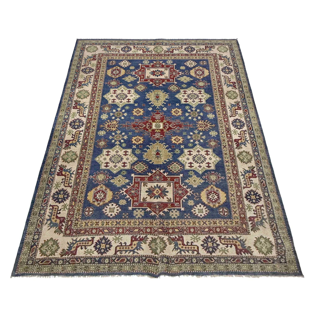 Blue Afghan Kazak Rug 6' 6" x 10' 4" Hand-Knotted | No. AL60239