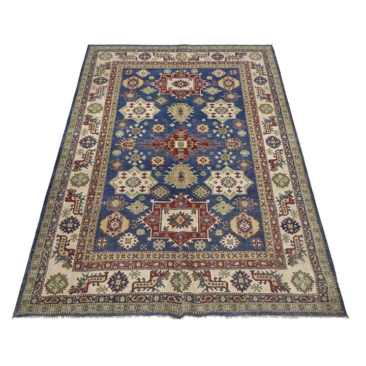 Blue Afghan Kazak Rug 6' 6" x 10' 4" Hand-Knotted | No. AL60239