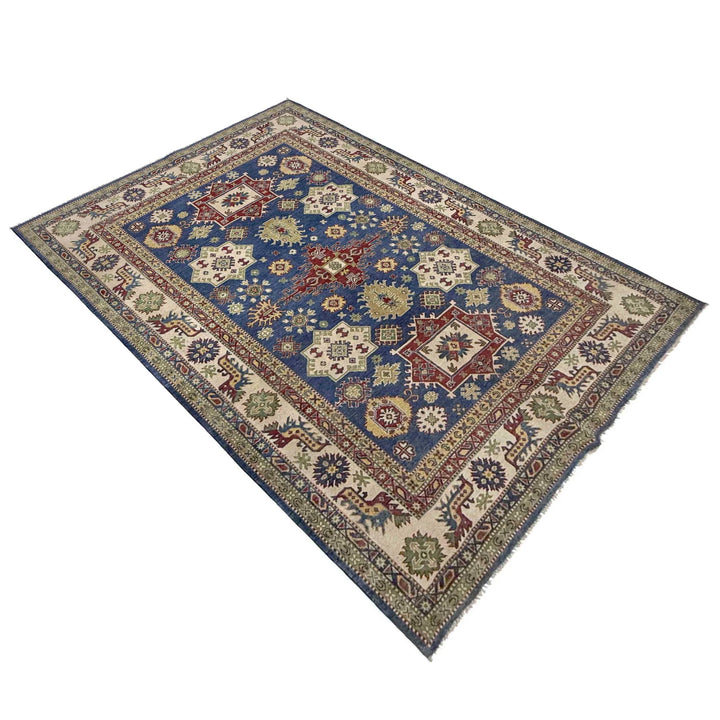Blue Afghan Kazak Rug 6' 6" x 10' 4" Hand-Knotted | No. AL60239