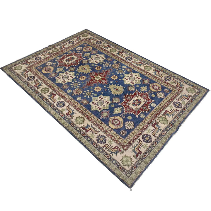 Blue Afghan Kazak Rug 6' 6" x 10' 4" Hand-Knotted | No. AL60239