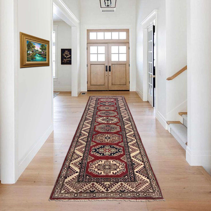 Red Afghan Kazak Rug 2' 9" x 9' 1" Hand-Knotted | No. AL60446