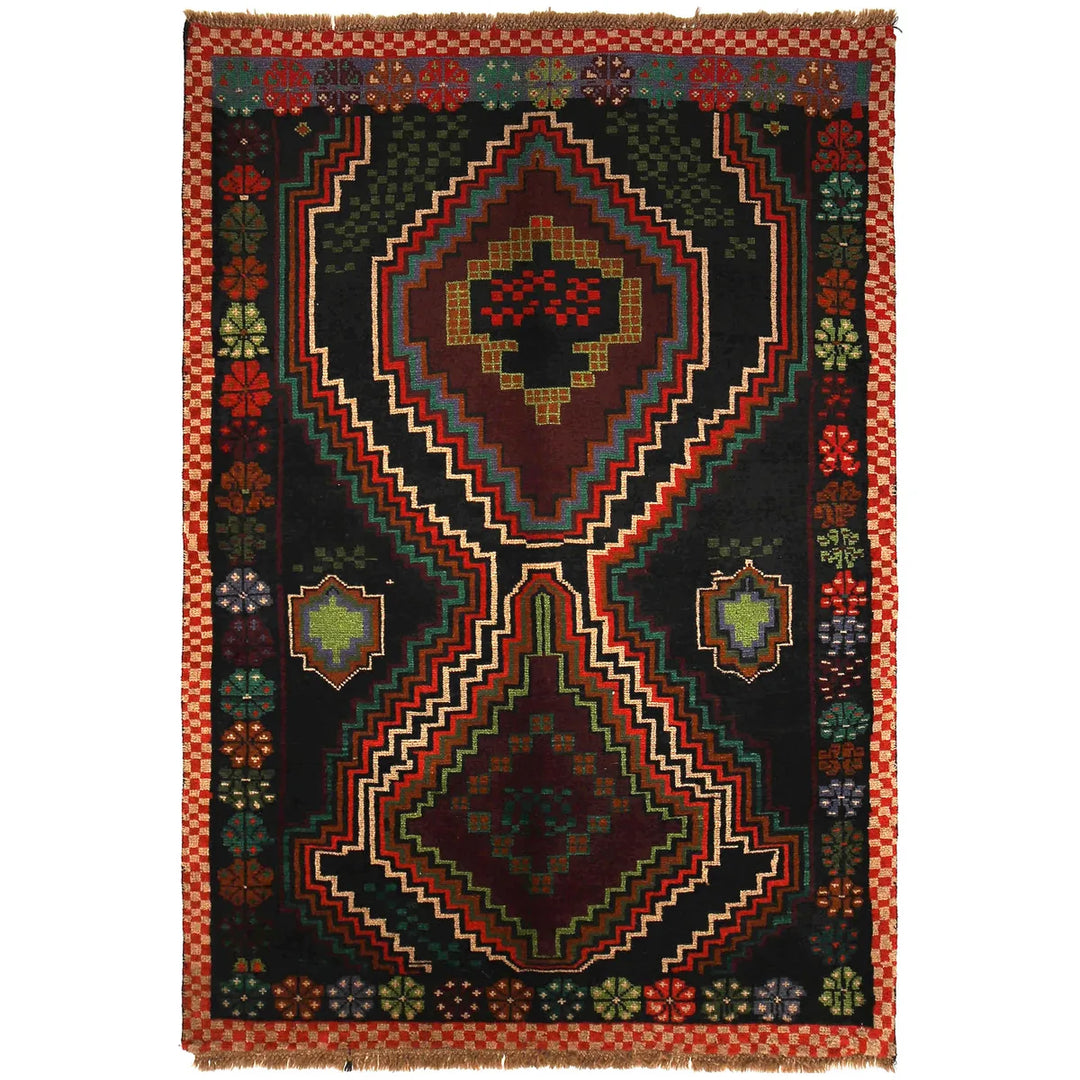 Black Afghan Baluchi Rug 4' 1" x 5' 11" Hand-Knotted | No. AL60448