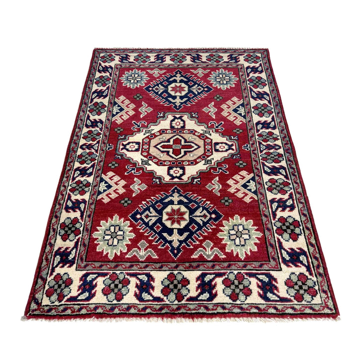 Red Afghan Kazak Rug 2' 7" x 3' 10" Hand-Knotted | No. AL60518
