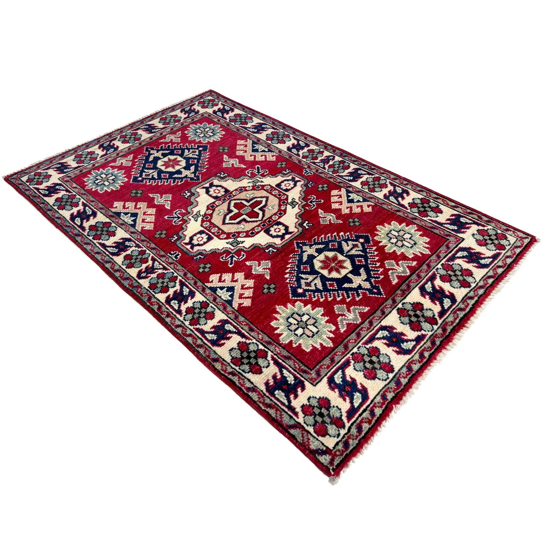 Red Afghan Kazak Rug 2' 7" x 3' 10" Hand-Knotted | No. AL60518
