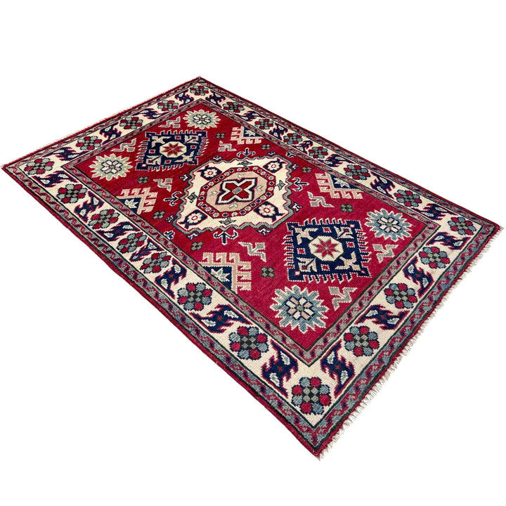 Red Afghan Kazak Rug 2' 7" x 3' 10" Hand-Knotted | No. AL60518