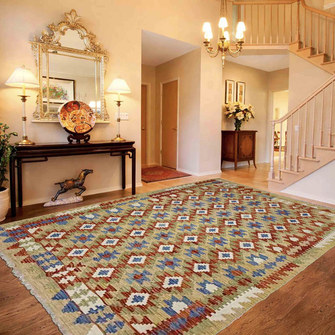 Multicolor Afghan Vegetable Kilim Rug 6' 0" x 8' 0" Flat-Weave | No. AL60590