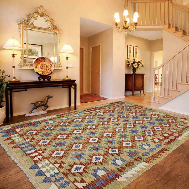 Multicolor Afghan Vegetable Kilim Rug 6' 0" x 8' 0" Flat-Weave | No. AL60590