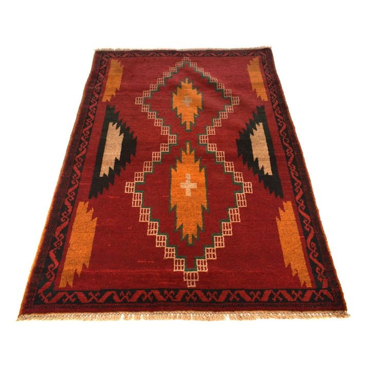 Red Afghan Baluchi Rug 3' 10" x 6' 1" Hand-Knotted | No. AL60609