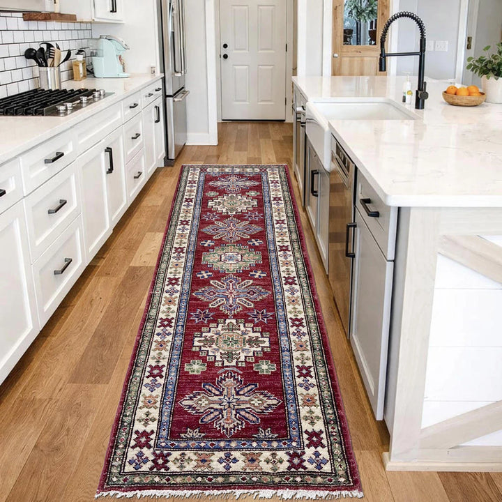 Red Afghan Kazak Rug 2' 0" x 5' 9" Hand-Knotted | No. AL60654