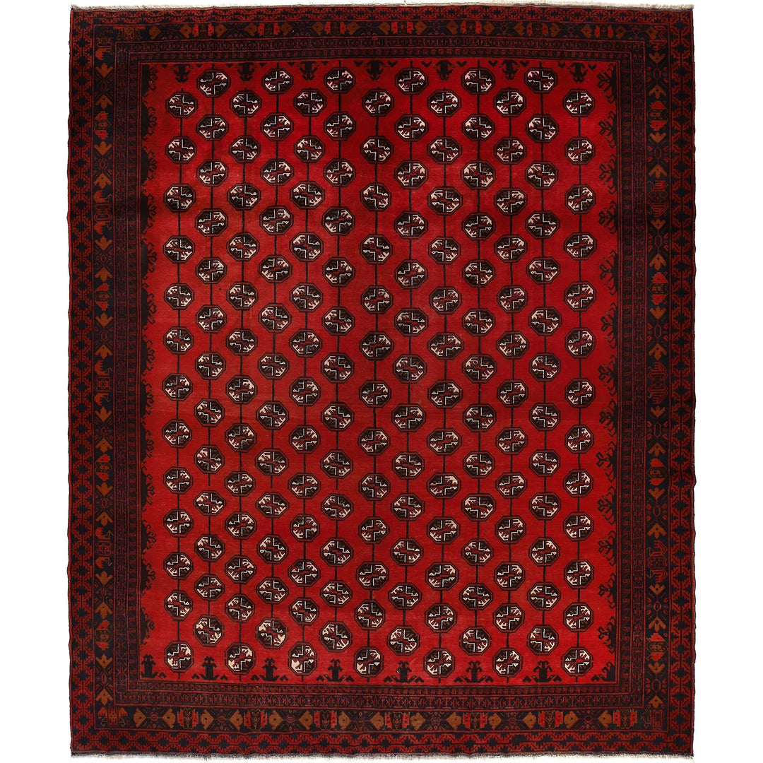 Deep Red Afghan Bokhara Rug 10' 4" x 12' 6" Hand-Knotted | No. AL607595
