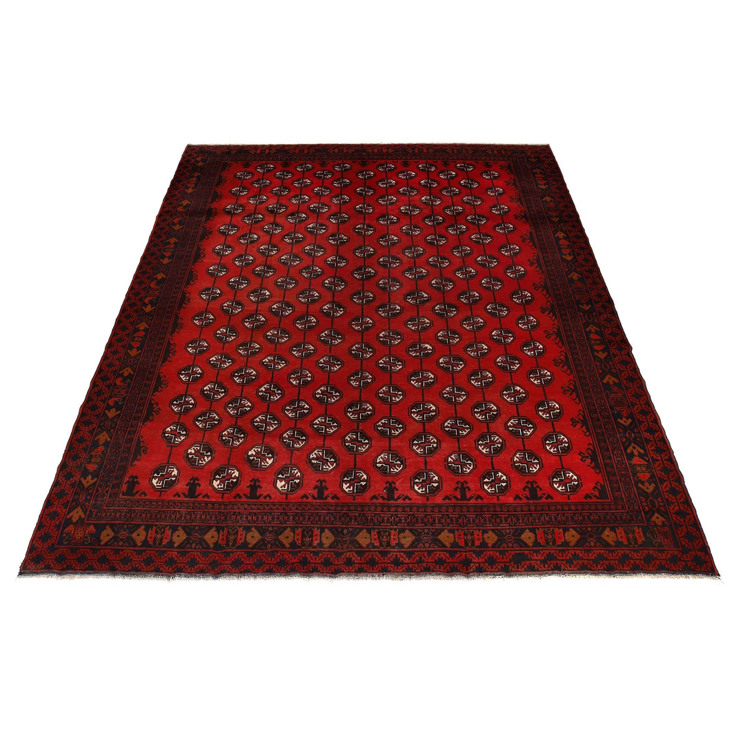 Deep Red Afghan Bokhara Rug 10' 4" x 12' 6" Hand-Knotted | No. AL607595