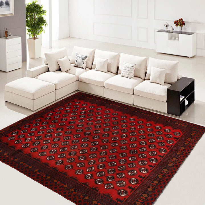 Deep Red Afghan Bokhara Rug 10' 4" x 12' 6" Hand-Knotted | No. AL607595