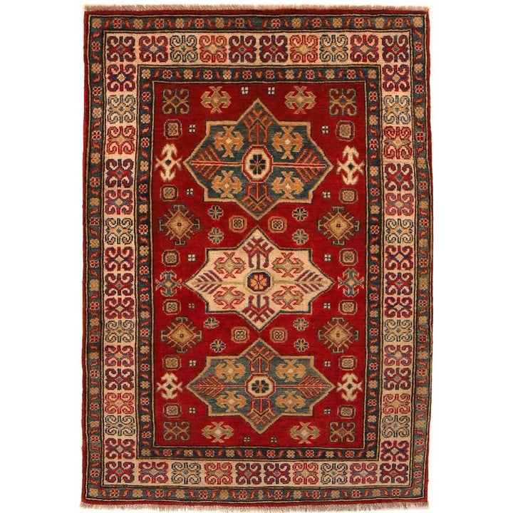 Red Afghan Kazak Rug 3' 3" x 4' 8" Hand-Knotted | No. AL61132