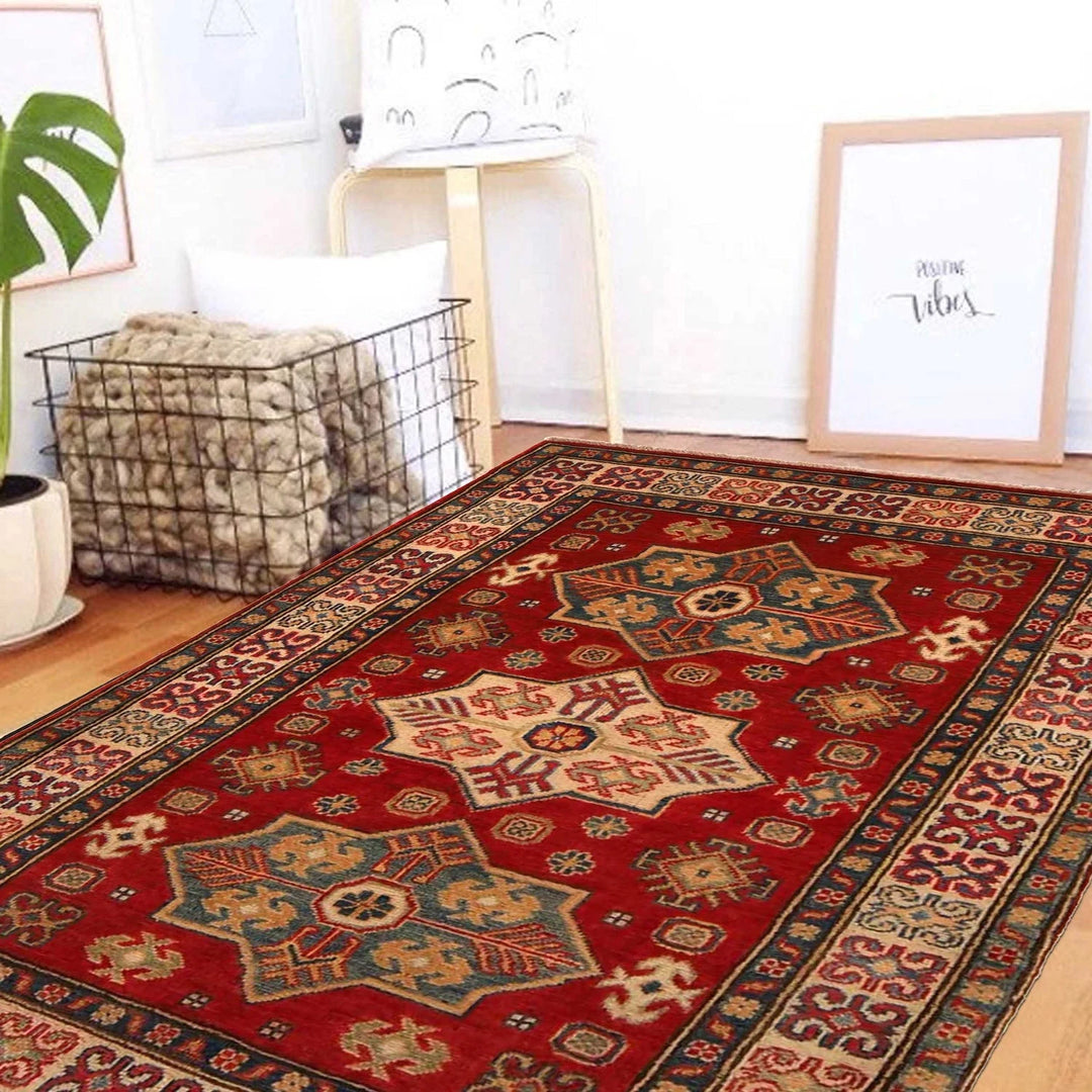 Red Afghan Kazak Rug 3' 3" x 4' 8" Hand-Knotted | No. AL61132
