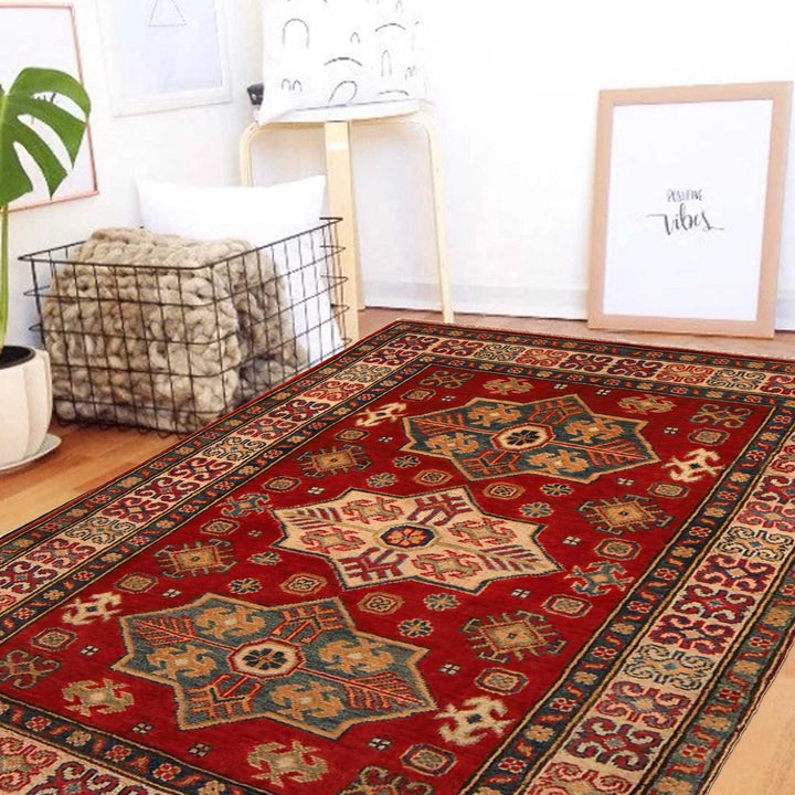 Red Afghan Kazak Rug 3' 3" x 4' 8" Hand-Knotted | No. AL61132